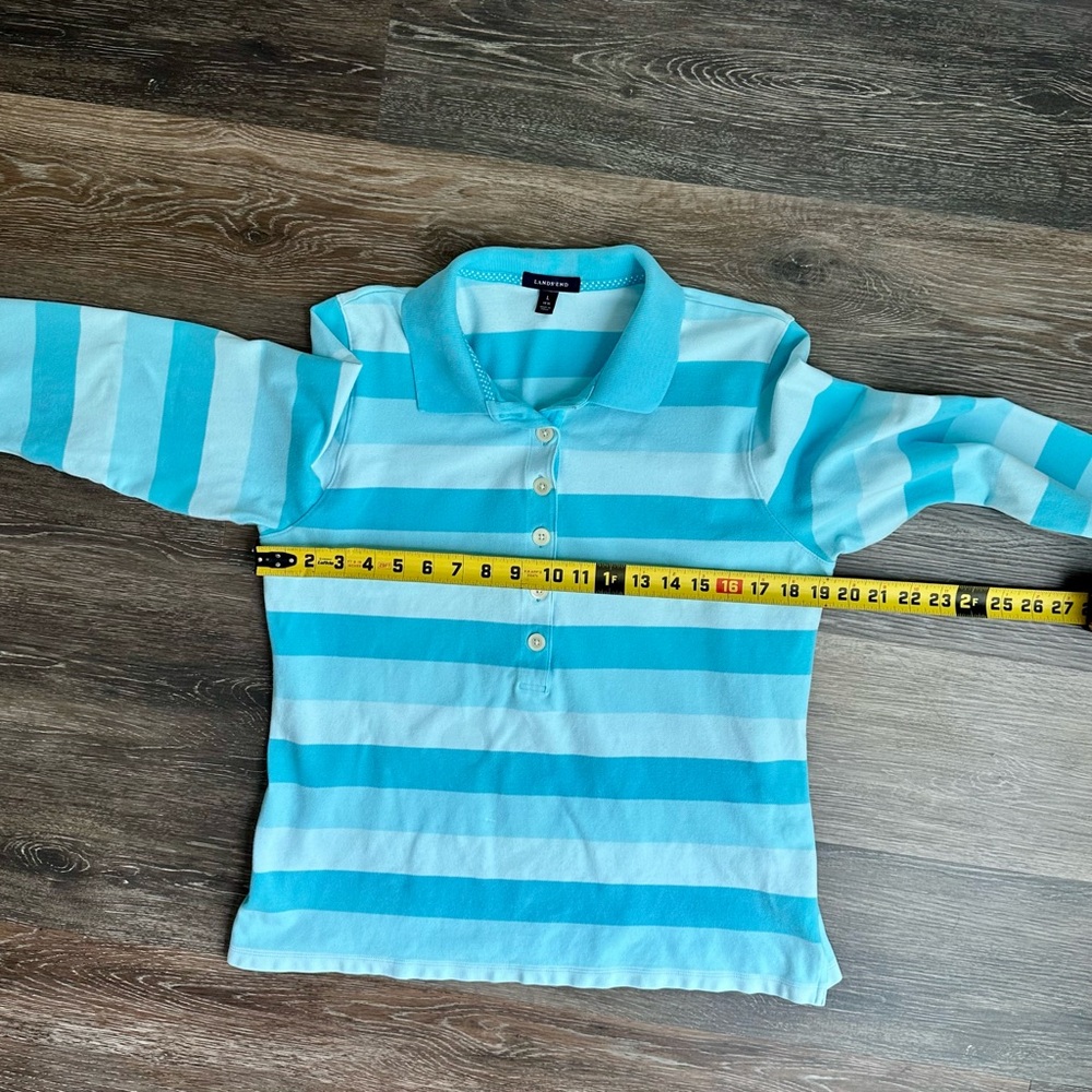Lands' End Teal Blue Striped 3/4 Sleeve Polo Shirt - Women’s Size Large - Picture 5 of 7
